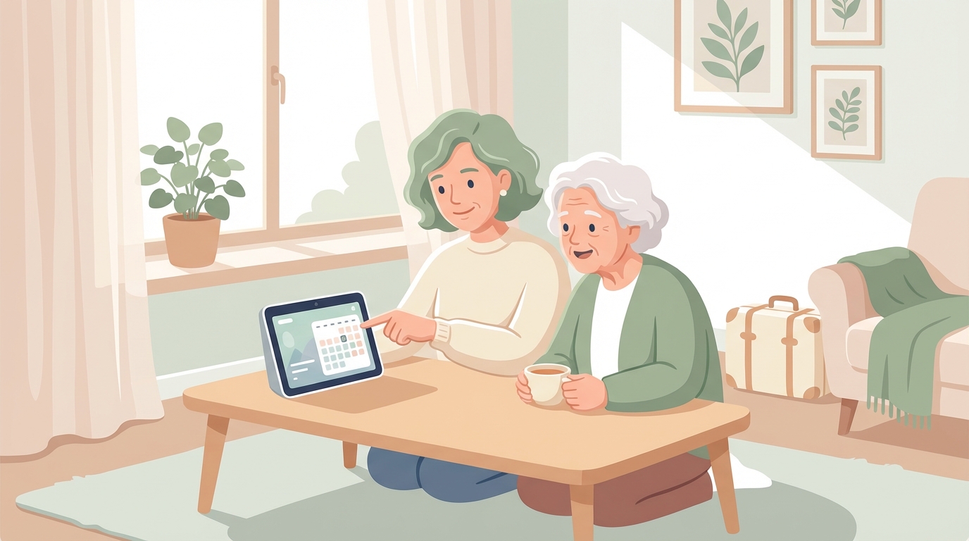 GW帰省で親の見守り設定をする家族のイメージ