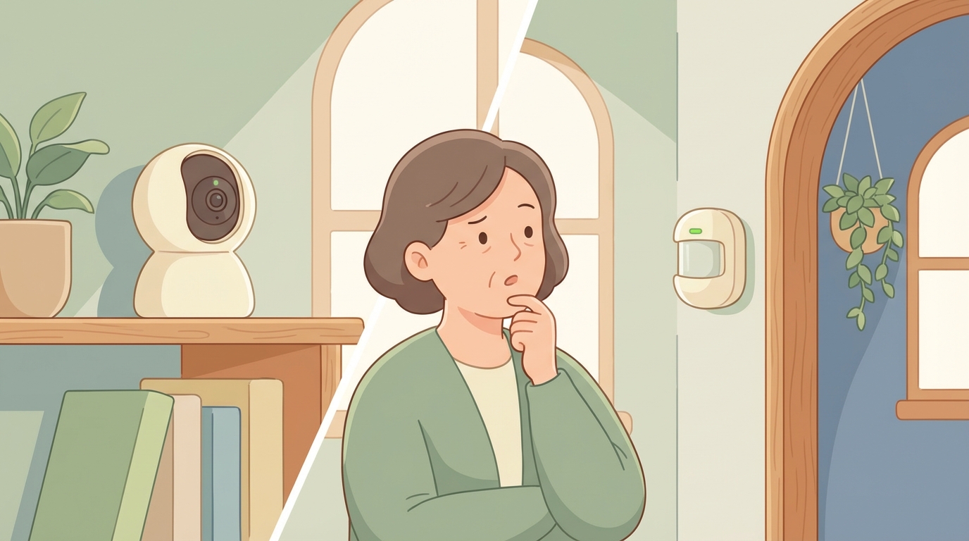 見守りカメラとセンサーを比較検討する女性のイラスト