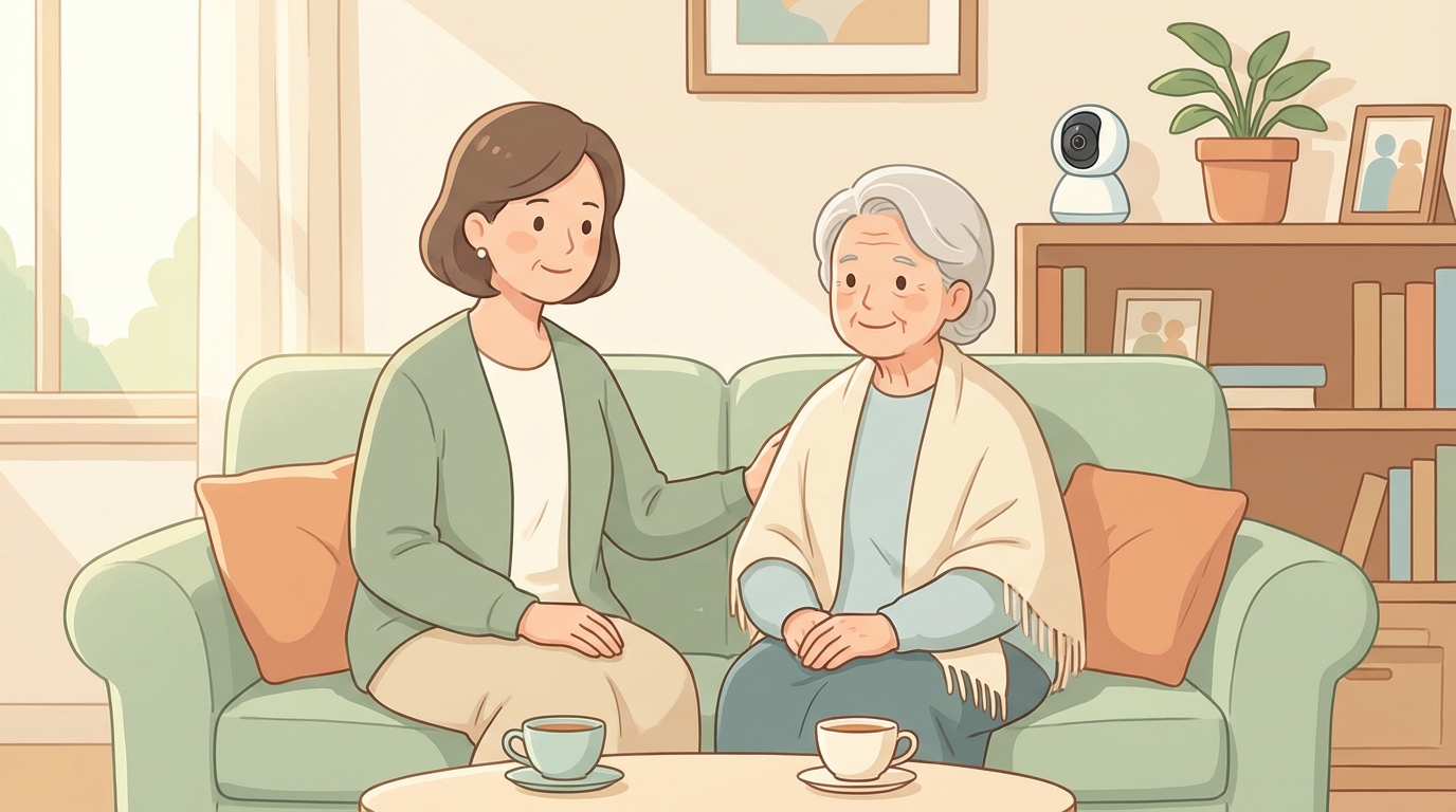 親子が見守りについて穏やかに話し合うイラスト
